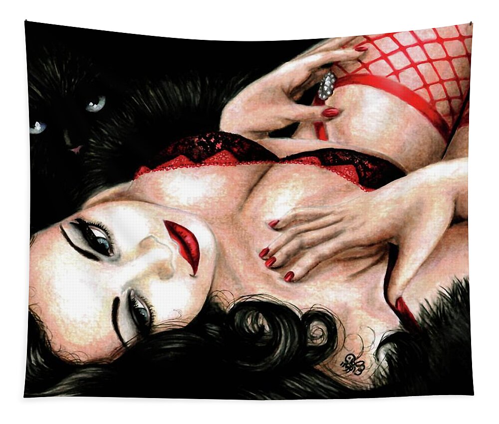 Red Blooded Angel In The Darkness Tapestry featuring the drawing Red Blooded Angel in the Darkness by Scarlett Royale