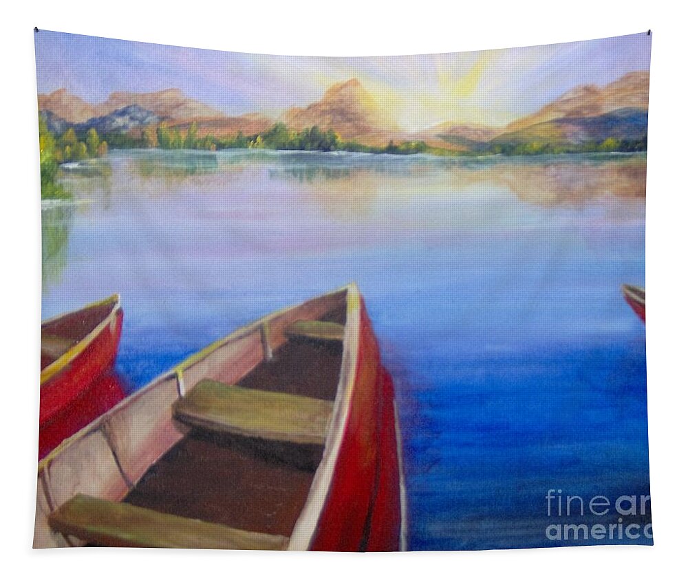 Landscape Tapestry featuring the painting Red Boats at Sunrise by Saundra Johnson