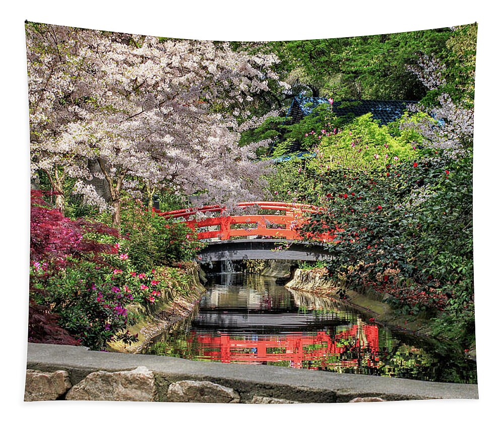Red Tapestry featuring the photograph Red Bridge Spring Reflection by James Eddy