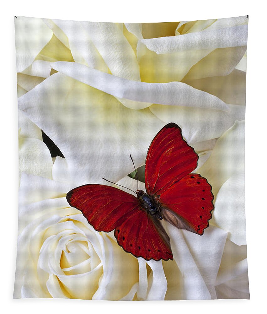 Red Tapestry featuring the photograph Red butterfly on white roses by Garry Gay