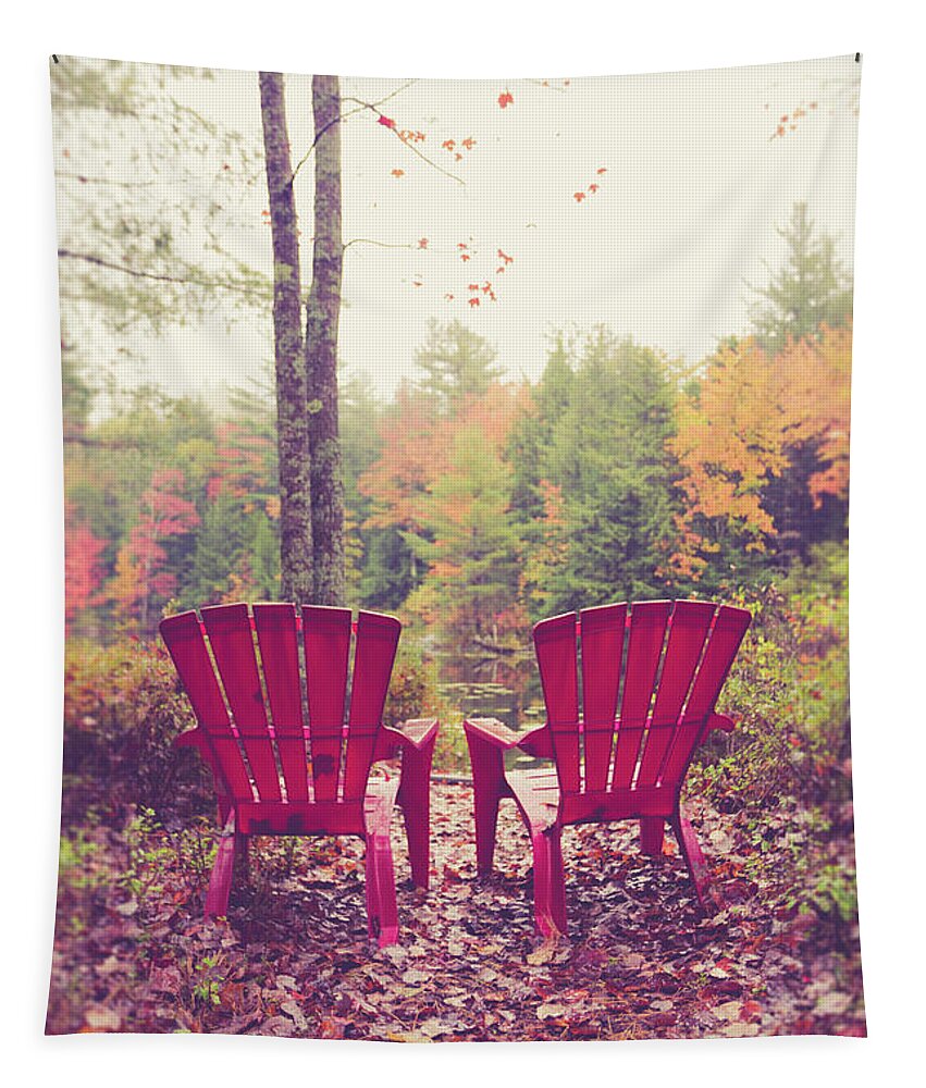 Vermont Tapestry featuring the photograph Red chairs by the lake by Edward Fielding