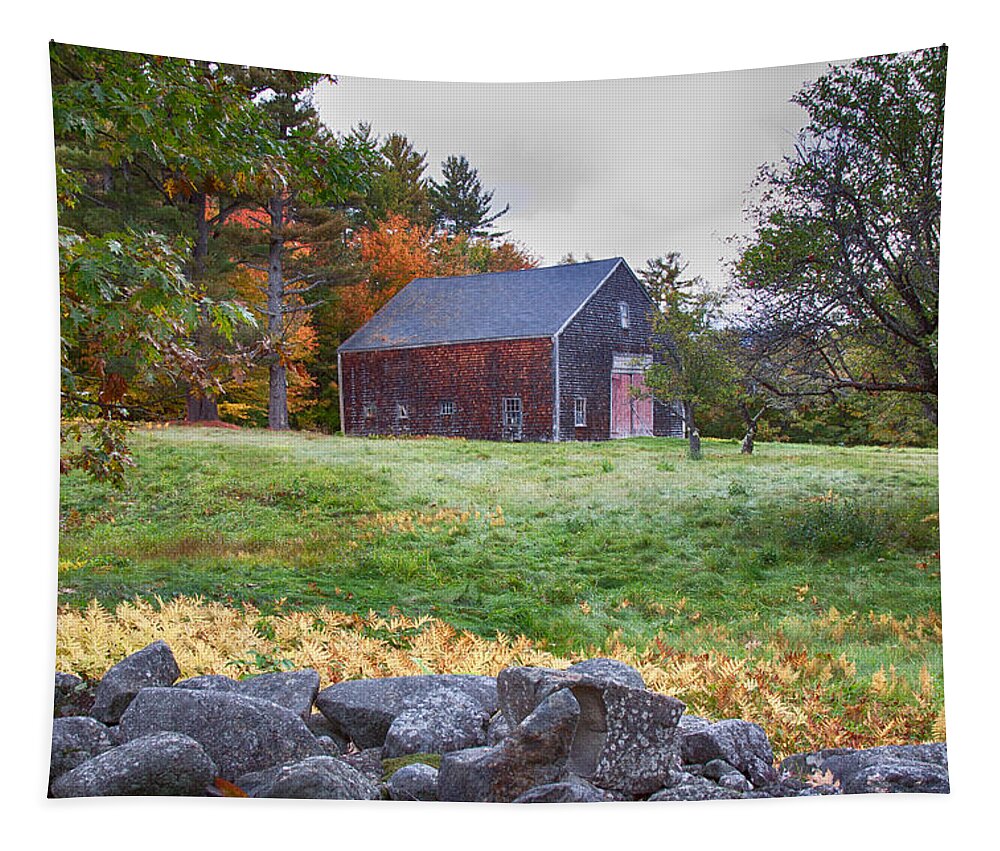 Chocorua Fall Colors Tapestry featuring the photograph Red door barn by Jeff Folger