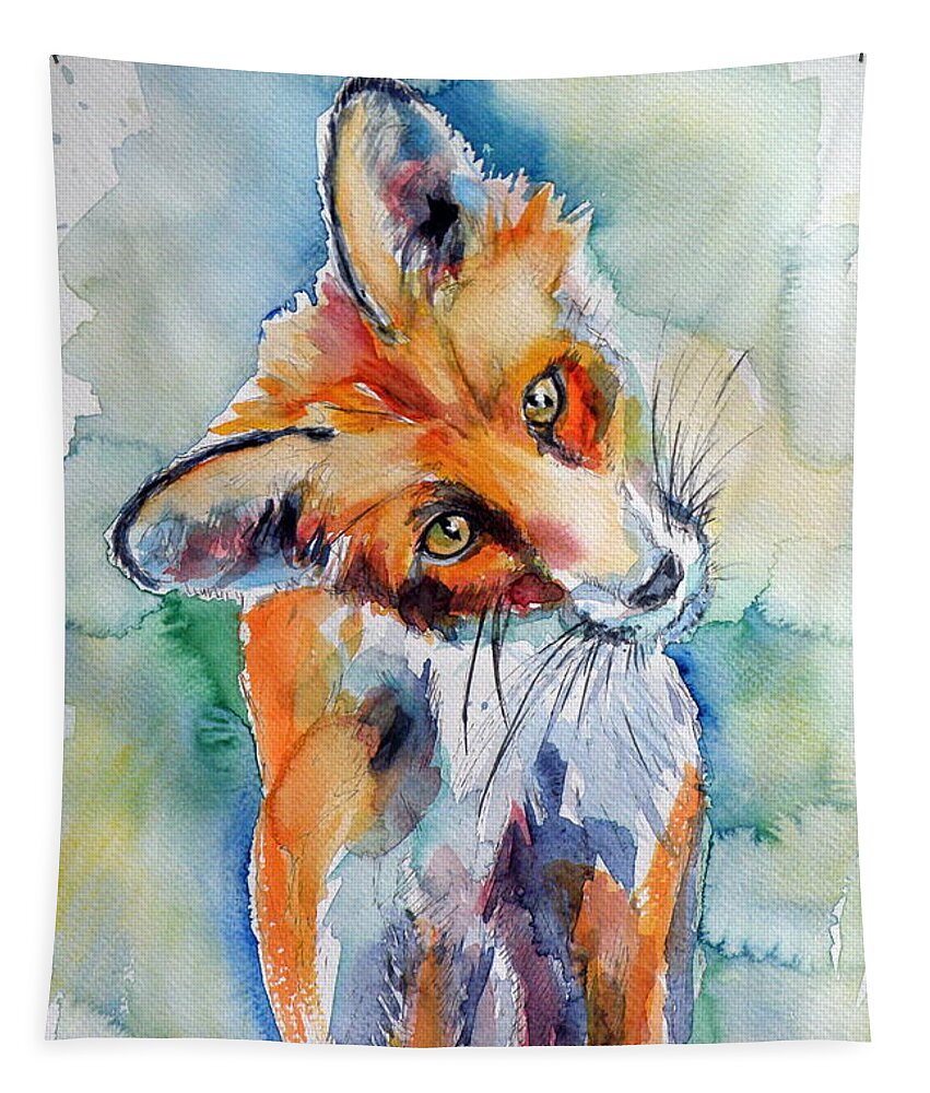 Red Fox Tapestry featuring the painting Red fox watching by Kovacs Anna Brigitta