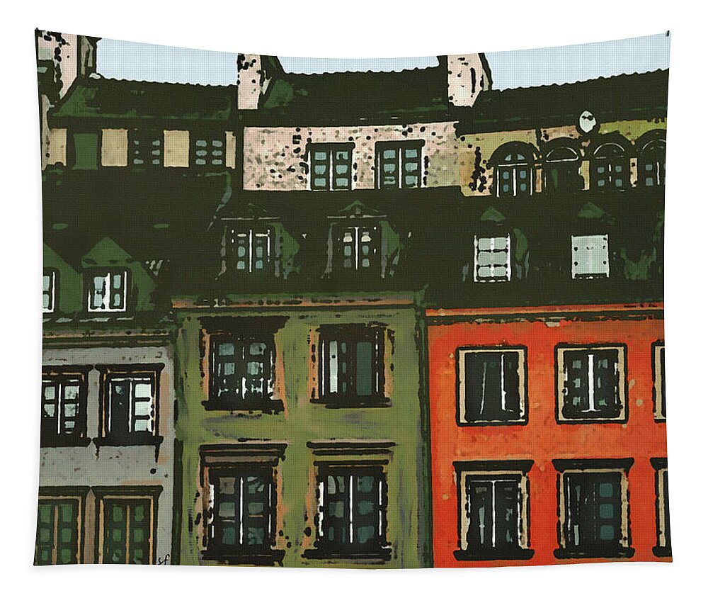 Row Houses Tapestry featuring the mixed media Red House in a Row by Shelli Fitzpatrick