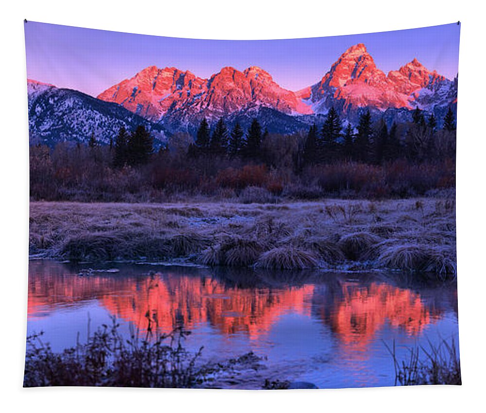 Grand Teton National Park Tapestry featuring the photograph Red Morning Teton Peaks Panorama by Adam Jewell