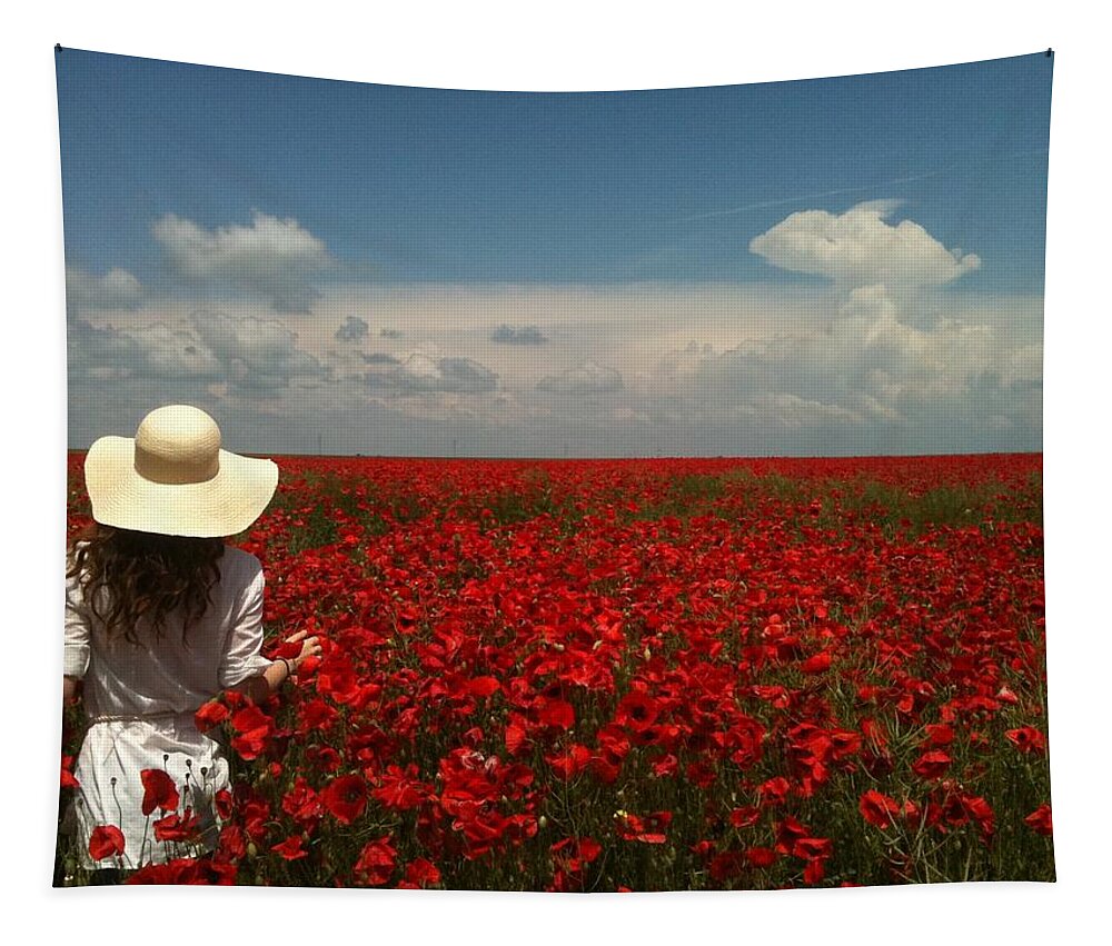 Red Poppies Field Tapestry featuring the painting Red Poppies and Lady by Georgeta Blanaru