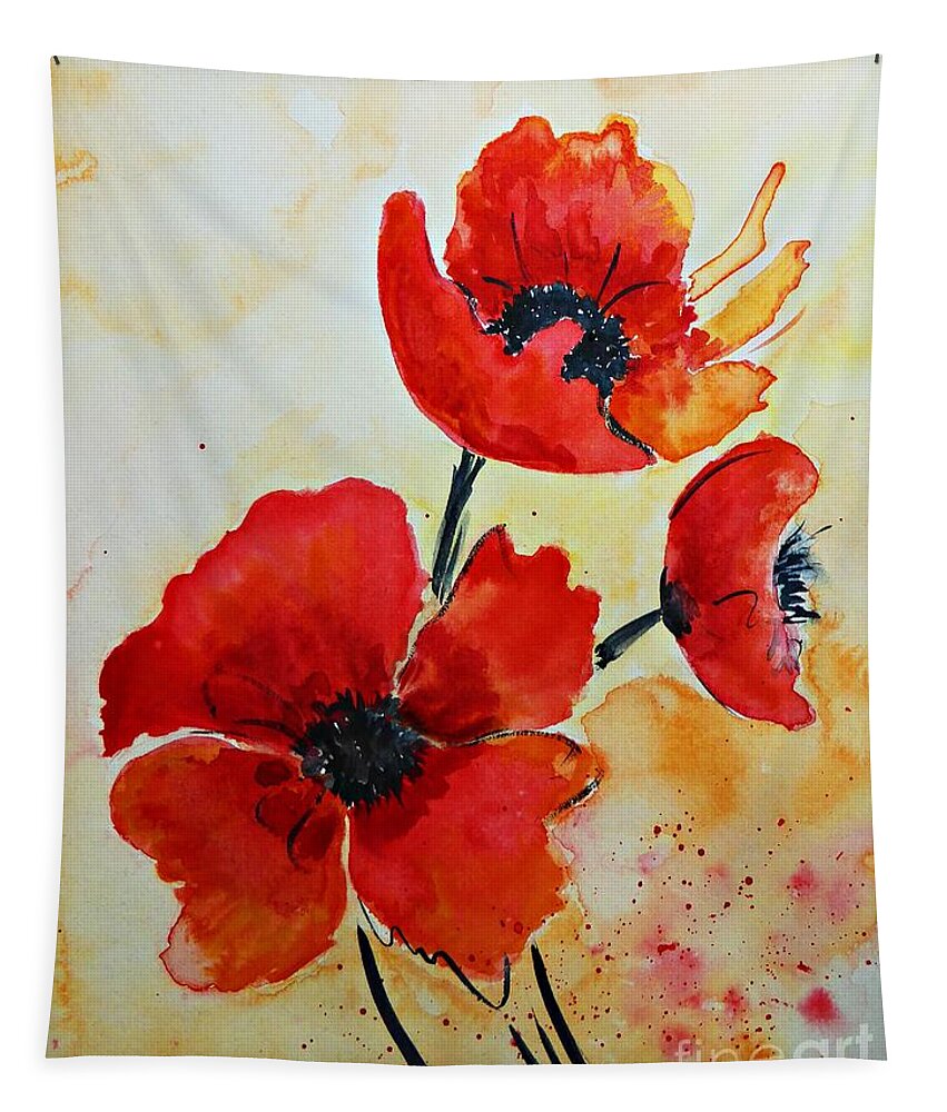 Flower Tapestry featuring the painting Red Poppies Watercolor by Amalia Suruceanu