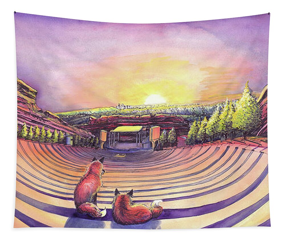 Red Rocks Tapestry featuring the painting Foxes at Red Rocks Sunrise by David Sockrider