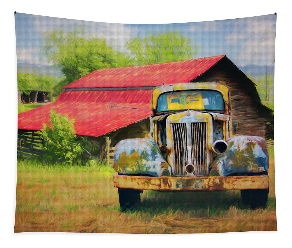 Appalachia Tapestry featuring the photograph Red Roof in the Smoky Mountains Watercolors by Debra and Dave Vanderlaan
