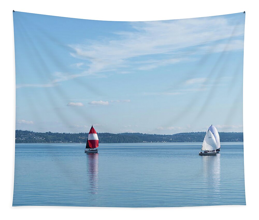 Sail Tapestry featuring the photograph Red Sails Puget Sound by Cathy Anderson