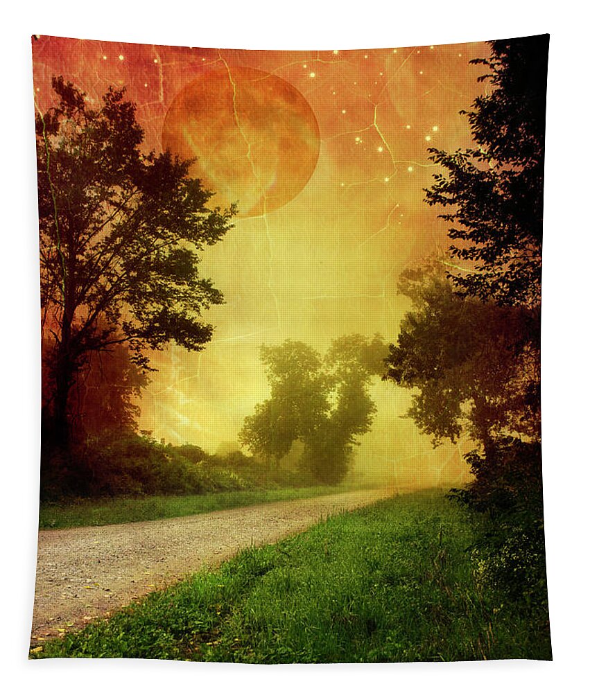 Sunset Tapestry featuring the mixed media Red Sky Along Starry Pathway by Christina Rollo