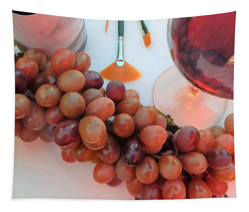 Wine Tapestry featuring the digital art Red Wine And Brushes With Grapes by Lisa Kaiser