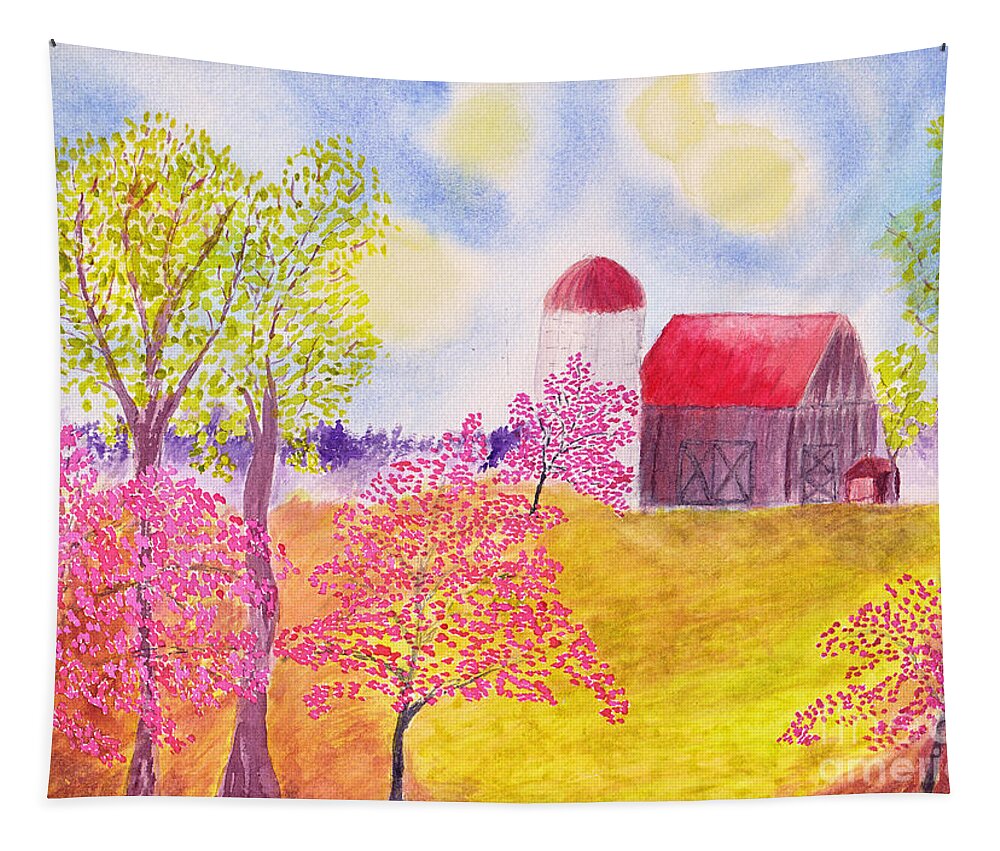 Watercolor Tapestry featuring the painting Redbud Trees in Spring Farm Scene by Conni Schaftenaar