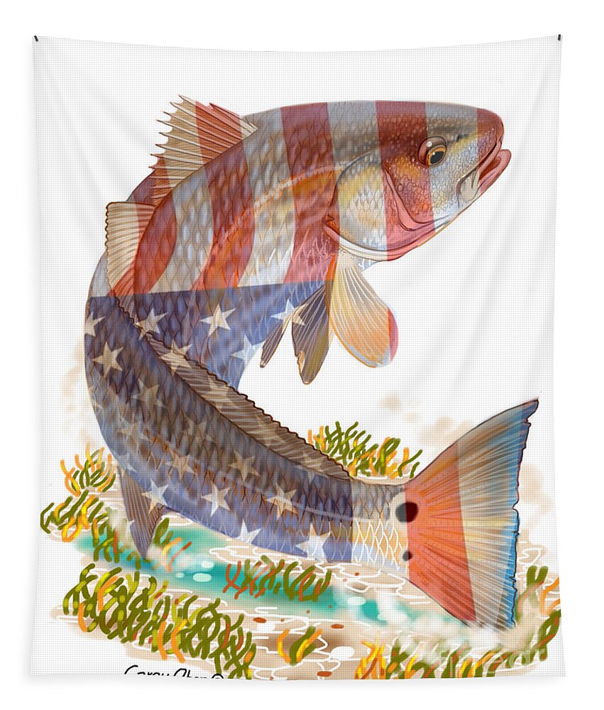 Redfish Tapestry featuring the digital art Redfish, White and Blue by Carey Chen