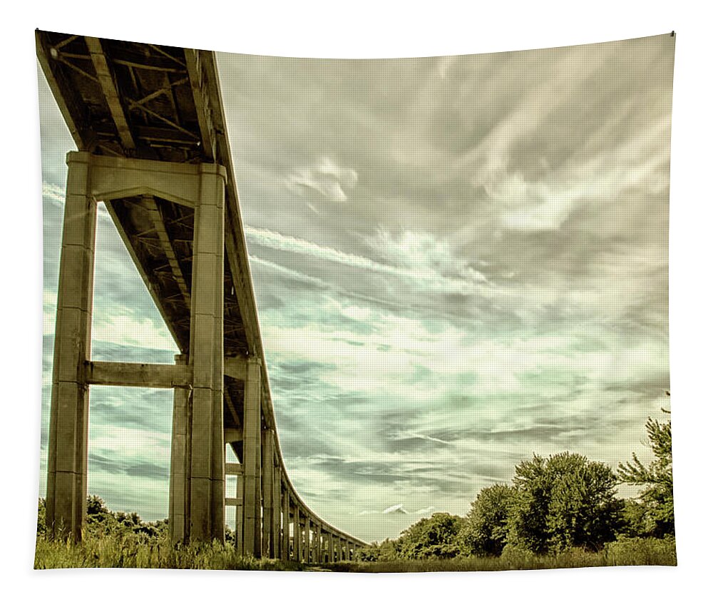 Rural Tapestry featuring the photograph Reedy Point Bridge Against Sky Abstract Rural Landscape Photograph by PIPA Fine Art - Simply Solid