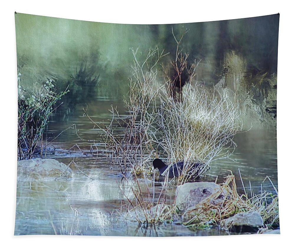 Coot Tapestry featuring the photograph Reflecting On A Misty Morning by Theresa Campbell