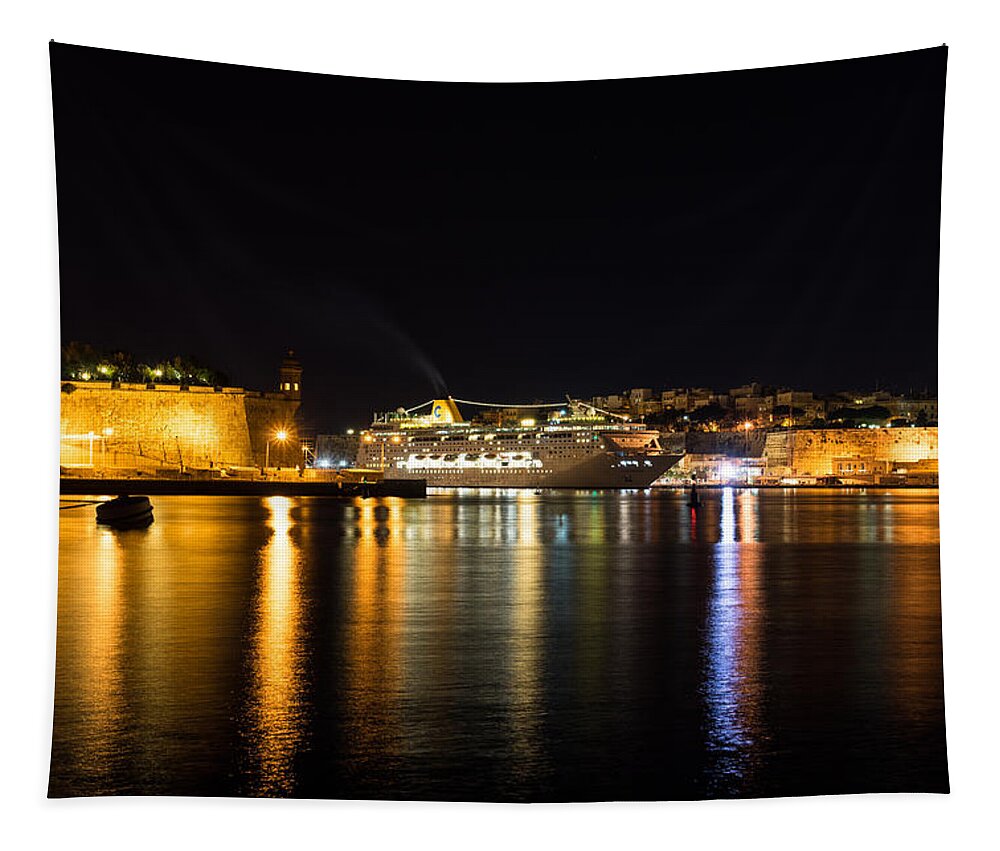 Georgia Mizuleva Tapestry featuring the photograph Reflecting on Malta - Cruising Out of Valletta Grand Harbour by Georgia Mizuleva
