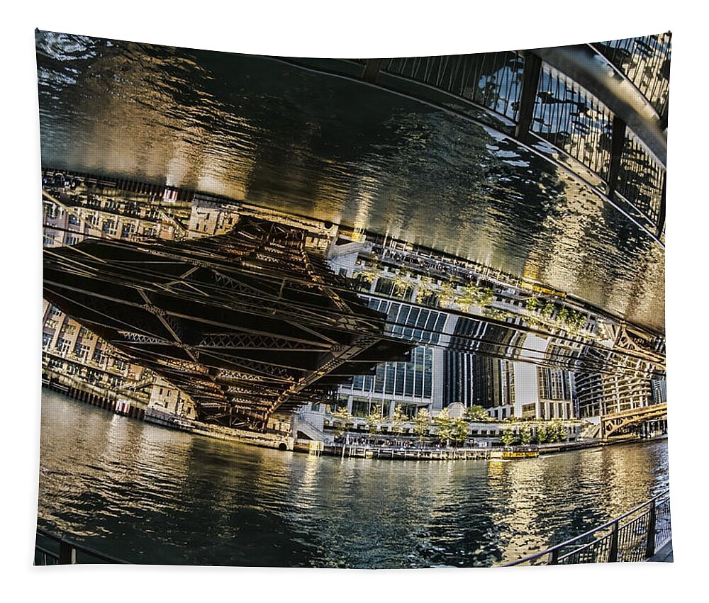 River Tapestry featuring the photograph reflection fisheye on the Chicago River by Sven Brogren