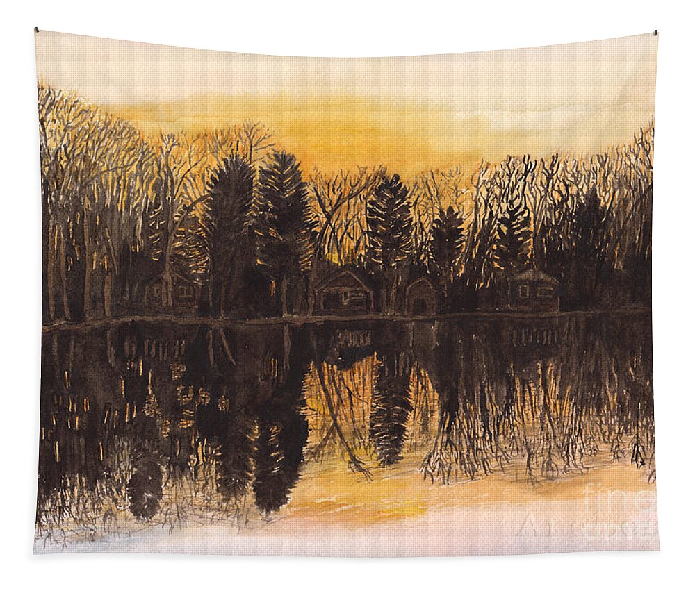 Landscape Tapestry featuring the painting Reflections at Sunset on Bitely Lake by Conni Schaftenaar