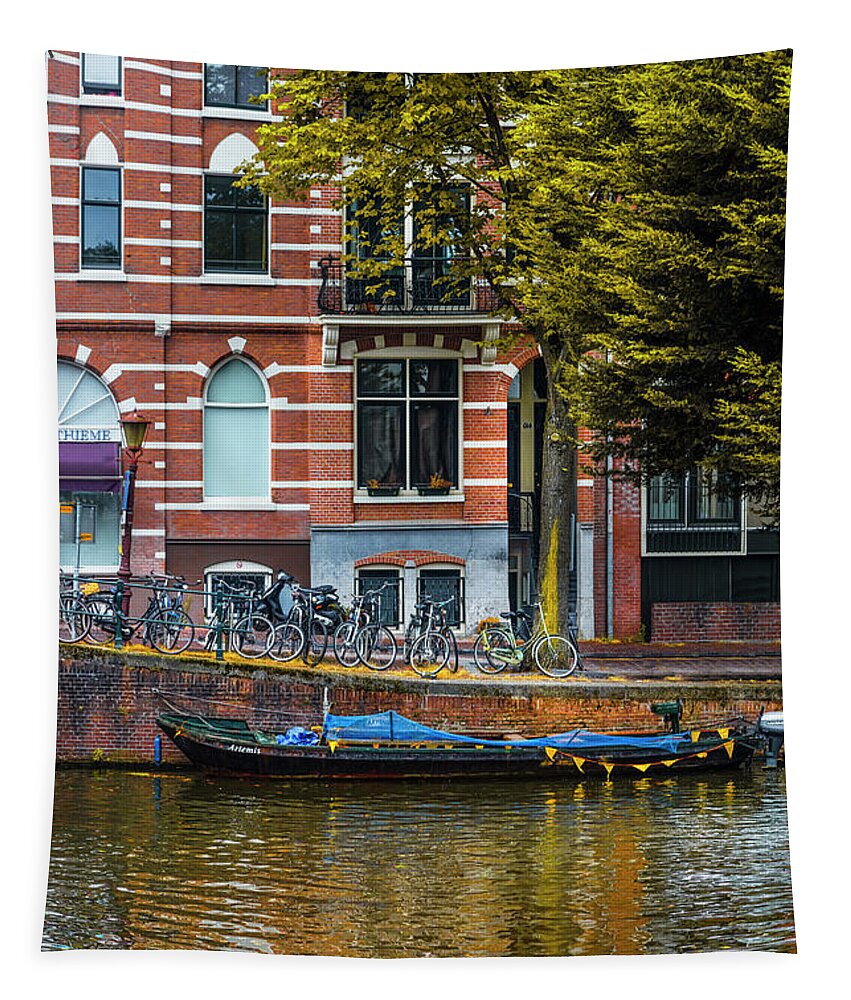 Boats Tapestry featuring the photograph Reflections in Amsterdam by Debra and Dave Vanderlaan