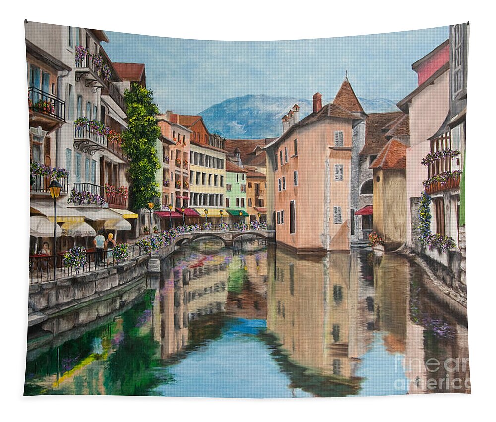 Annecy France Art Tapestry featuring the painting Reflections Of Annecy by Charlotte Blanchard