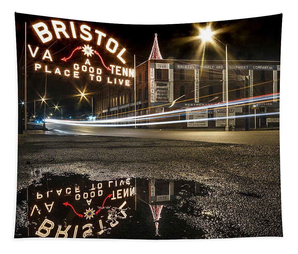 Bristol Tapestry featuring the photograph Reflections of the Bristol Sign by Greg Booher
