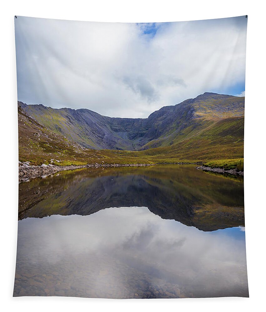 Black Tapestry featuring the photograph Reflections of the Macgillycuddy's Reeks in Lough Eagher by Semmick Photo