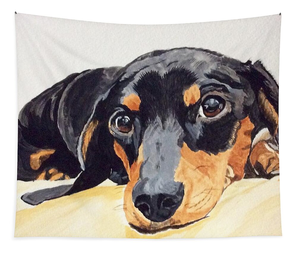 Dachshund Tapestry featuring the painting Please Come Home by Sonja Jones