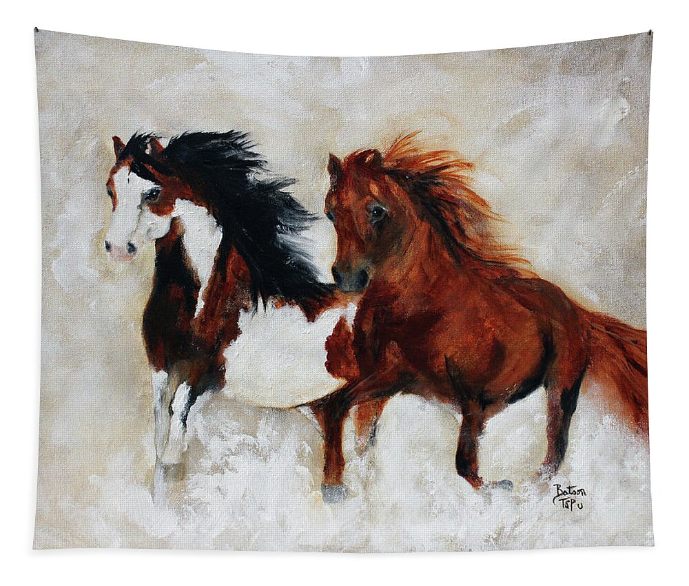 Two Horses Tapestry featuring the painting Rein And Dancer by Barbie Batson