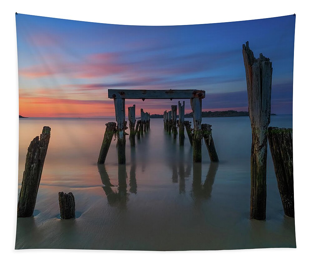 Sunrise; Massachusetts; New England; Pier; Historic; Long Exposure; Ocean; Beverly; Beverly Farms; West Beach; Misery Island; East Coast; Usa; Red; Orange; Peaceful; Calm; Soothing; Tranquil; Morning; Alone; Old; Relic; Blizzard Of '78; Remains; Relic Tapestry featuring the photograph Relic by Rob Davies