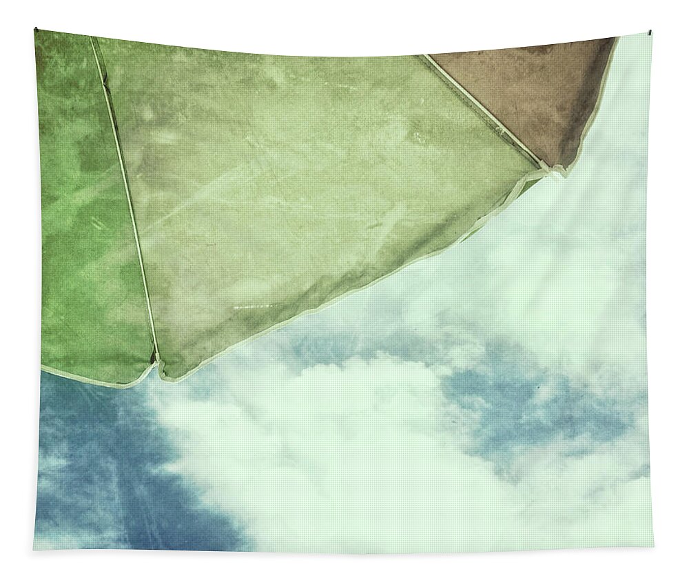 I Love Summer Tapestry featuring the photograph Retro feel beach umbrella blue sky by Marianne Campolongo