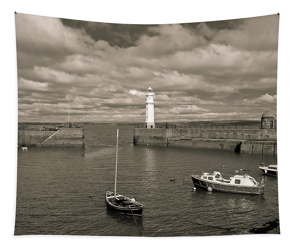 Scotland Tapestry featuring the photograph Retro harbour and old lighthouse. by Elena Perelman