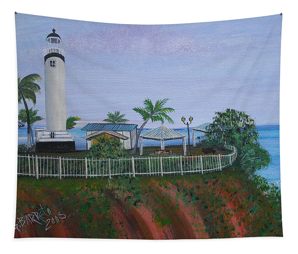 Lighthouse In Rincon By The Ocean Of The Island Of Puerto Rico Tapestry featuring the painting Rincon's Lighthouse by Gloria E Barreto-Rodriguez