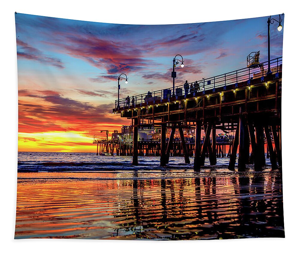 Santa Monica Pier Sunset Tapestry featuring the photograph Ripples And Reflections by Gene Parks