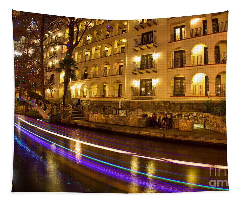 Riverwalk La Mansion Del Rio Christmas By Michael Tidwell Photography Tapestry featuring the photograph La Mansion del Rio Riverwalk Christmas by Michael Tidwell
