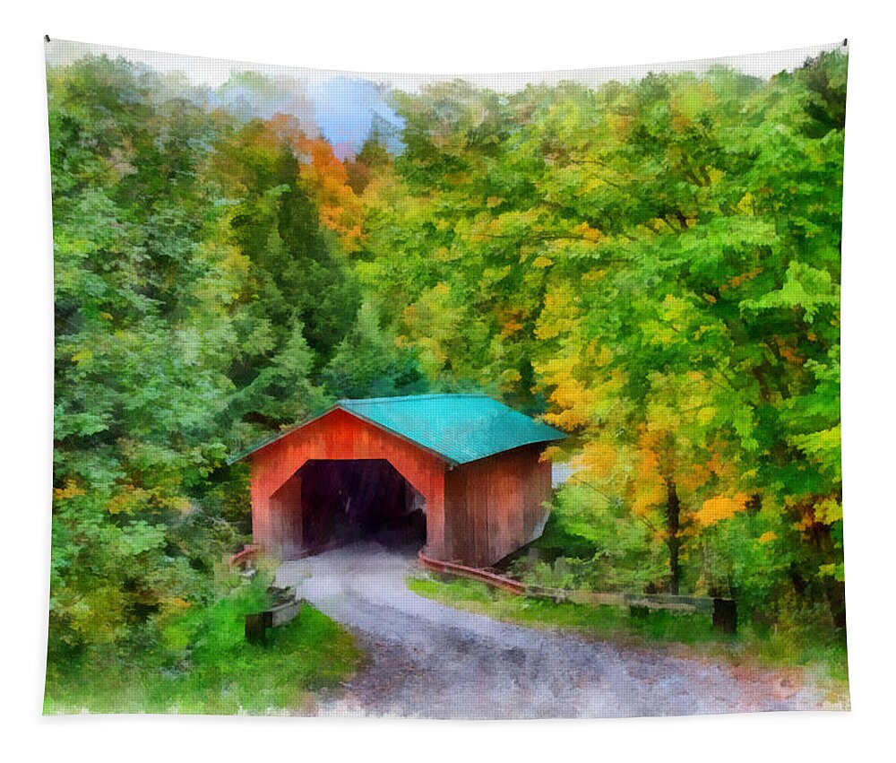 Autumn Foliage New England Tapestry featuring the photograph Road to the covered bridge by Jeff Folger