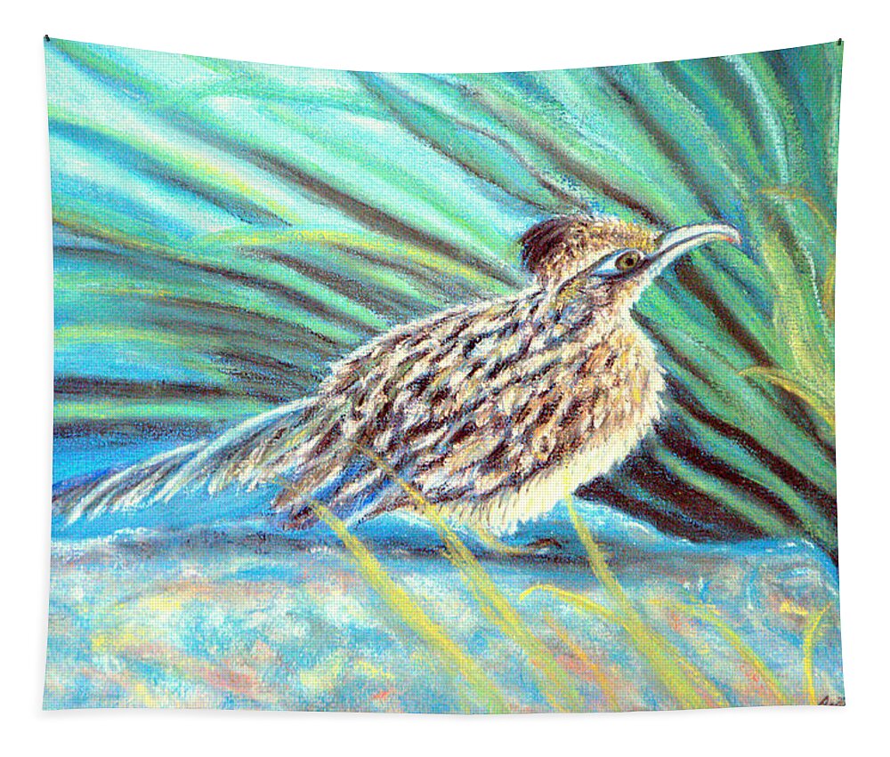 Roadrunner Tapestry featuring the pastel Roadrunner Fluffing Sold  Pastel by Antonia Citrino