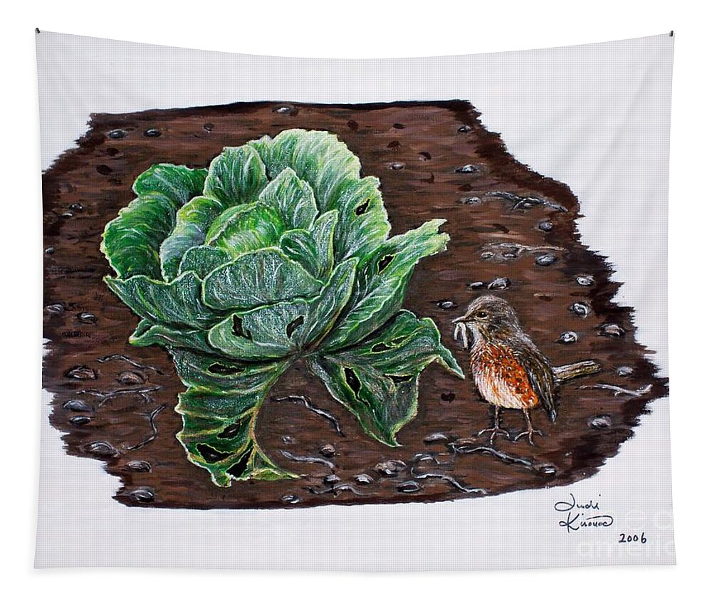 Robin Tapestry featuring the painting Robin in the Gardin by Judy Kirouac