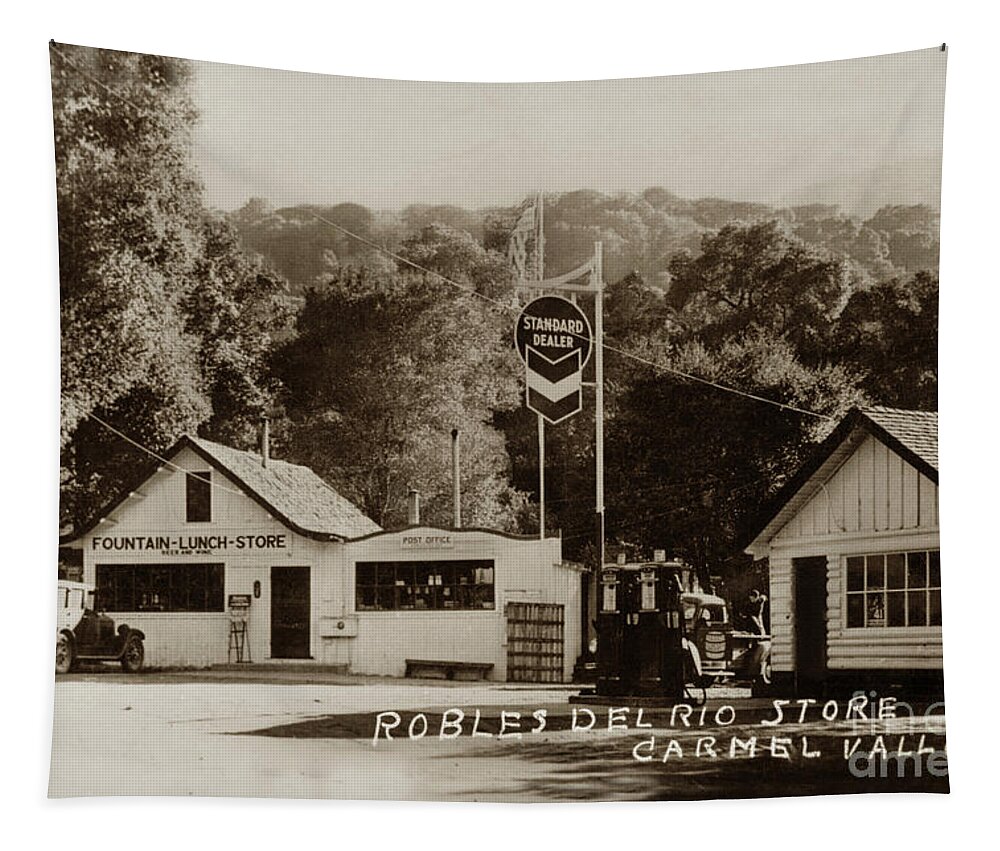 Rosie's Cracker Tapestry featuring the photograph Robles Del Rio store, Rosie's Cracker Barrel store, Carmel Valley 1933 by Monterey County Historical Society