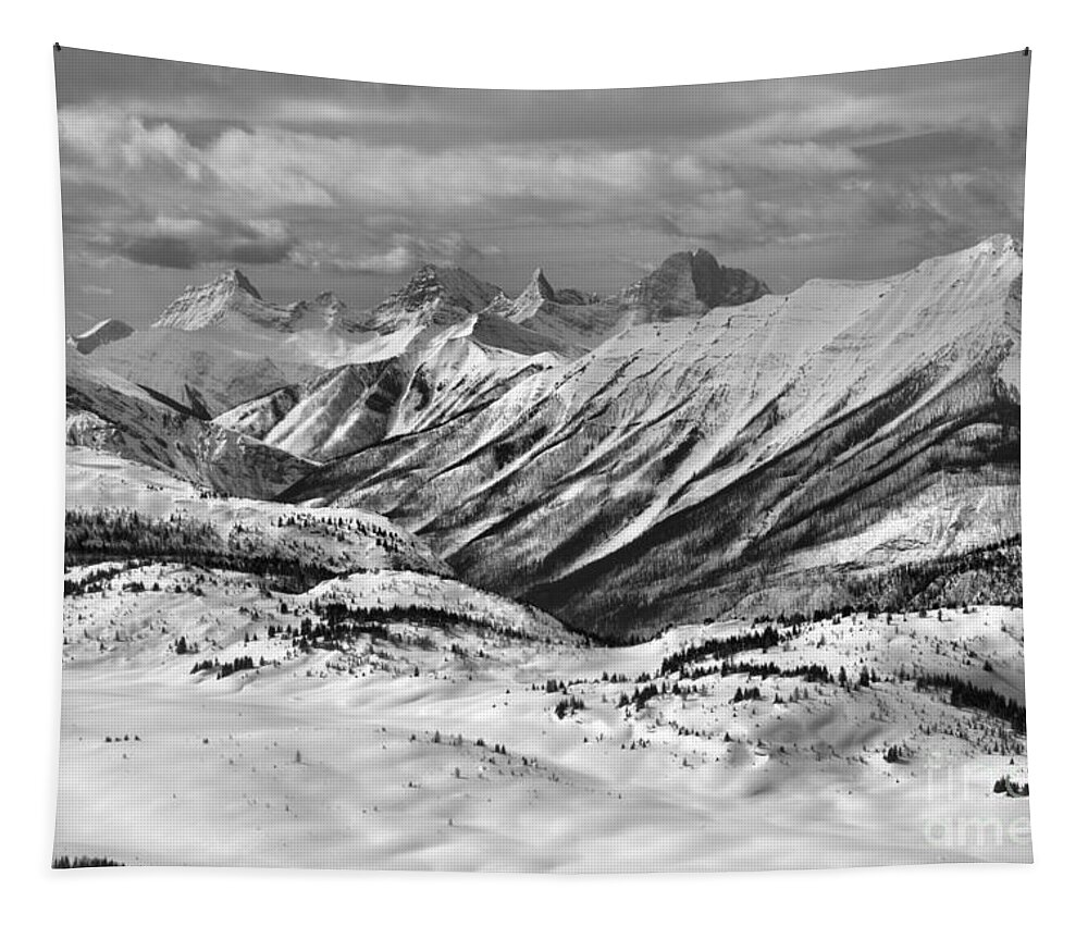 Banff Tapestry featuring the photograph Rocky MOuntain Views From The Slopes Of Sunshine Black And White by Adam Jewell