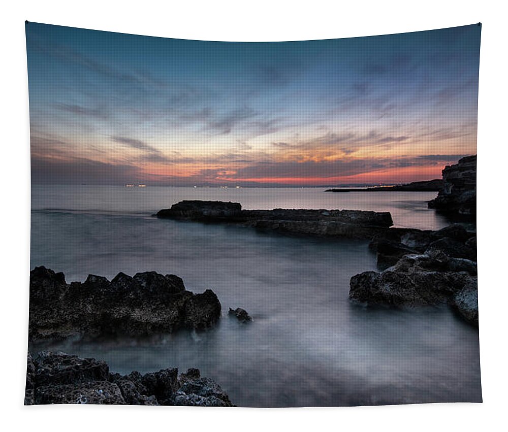 Michalakis Ppalis Tapestry featuring the photograph Rocky Coastline and Beautiful Sunset by Michalakis Ppalis