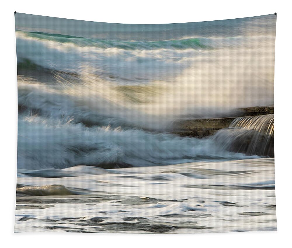 Sea Waves Tapestry featuring the photograph Rocky seashore, wavy ocean and wind waves crashing on the rocks by Michalakis Ppalis