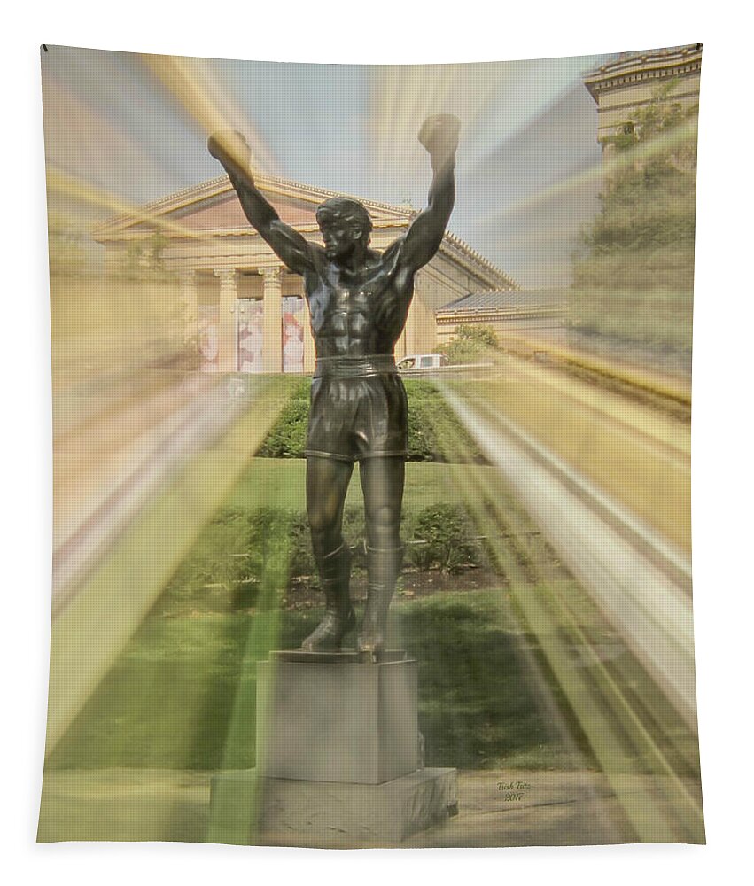 Rocky Tapestry featuring the mixed media Rocky Statue by Trish Tritz