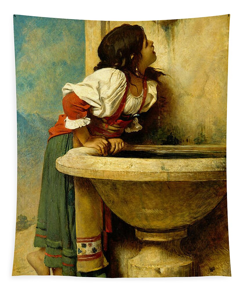 Leon Bonnat Tapestry featuring the painting Roman Girl at a Fountain by Leon Bonnat
