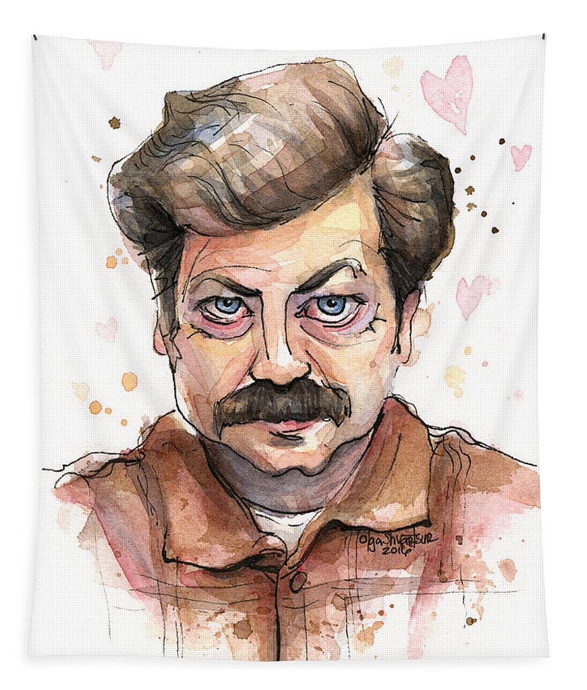 Parks Rec Tapestry featuring the painting Ron Swanson Funny Love Portrait by Olga Shvartsur