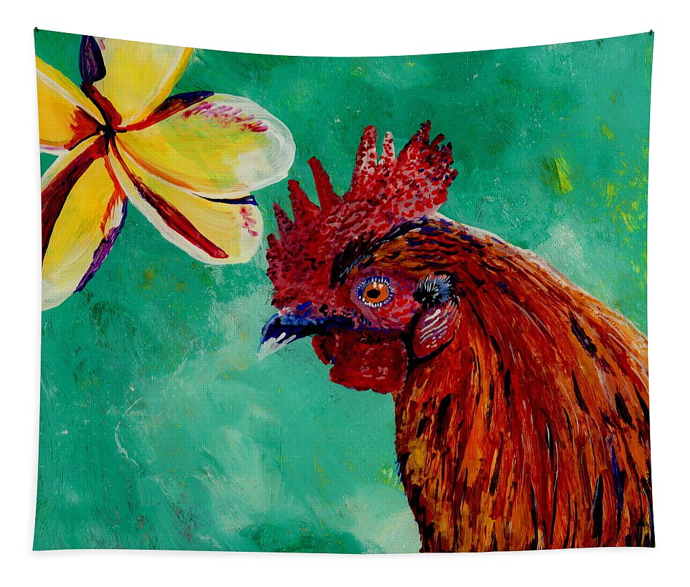 Rooster Art Tapestry featuring the painting Rooster and Plumeria by Marionette Taboniar