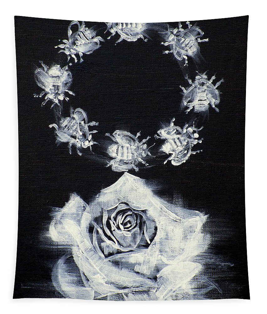 Rose Tapestry featuring the painting Rose And Circle Of Bees by Fabrizio Cassetta