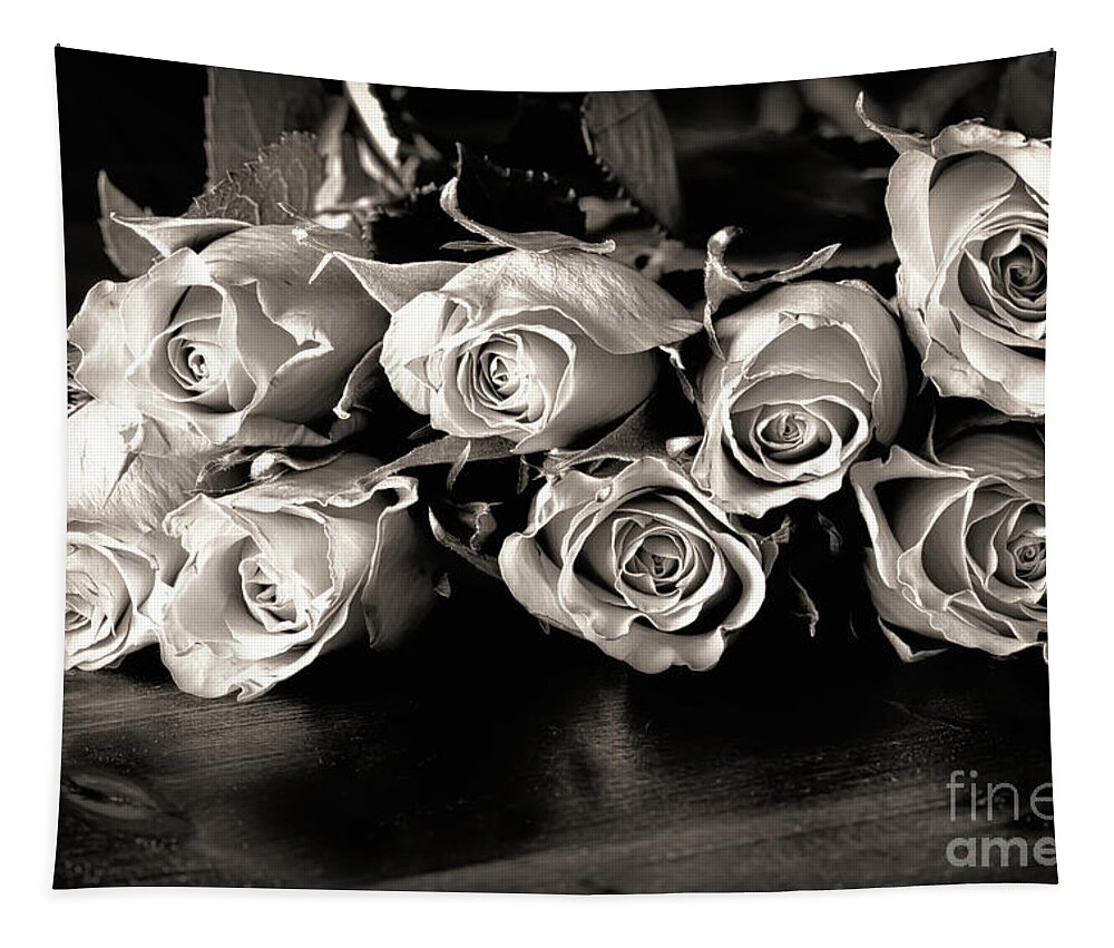 Roses Tapestry featuring the photograph Roses on a table in black and white by Simon Bratt