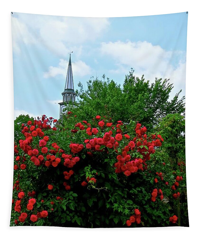 Mauricetown Tapestry featuring the photograph Roses on the Fence in Mauricetown by Nancy Patterson