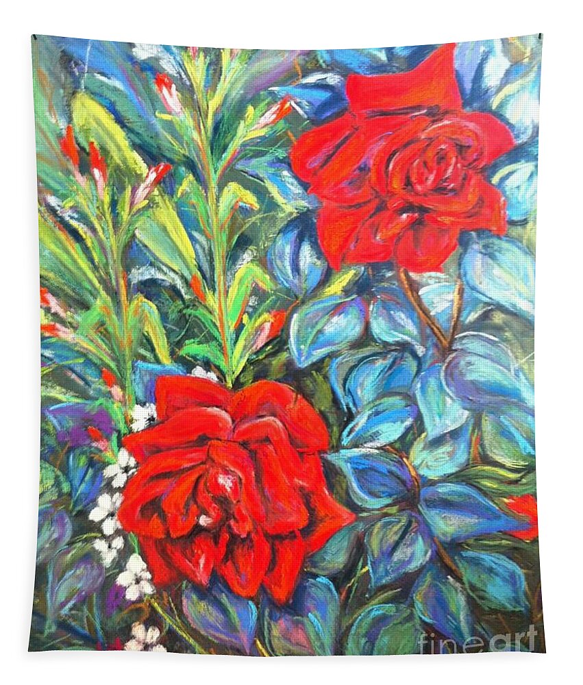 Floral. Roses Tapestry featuring the painting Roses With Baby Breath by Beverly Boulet